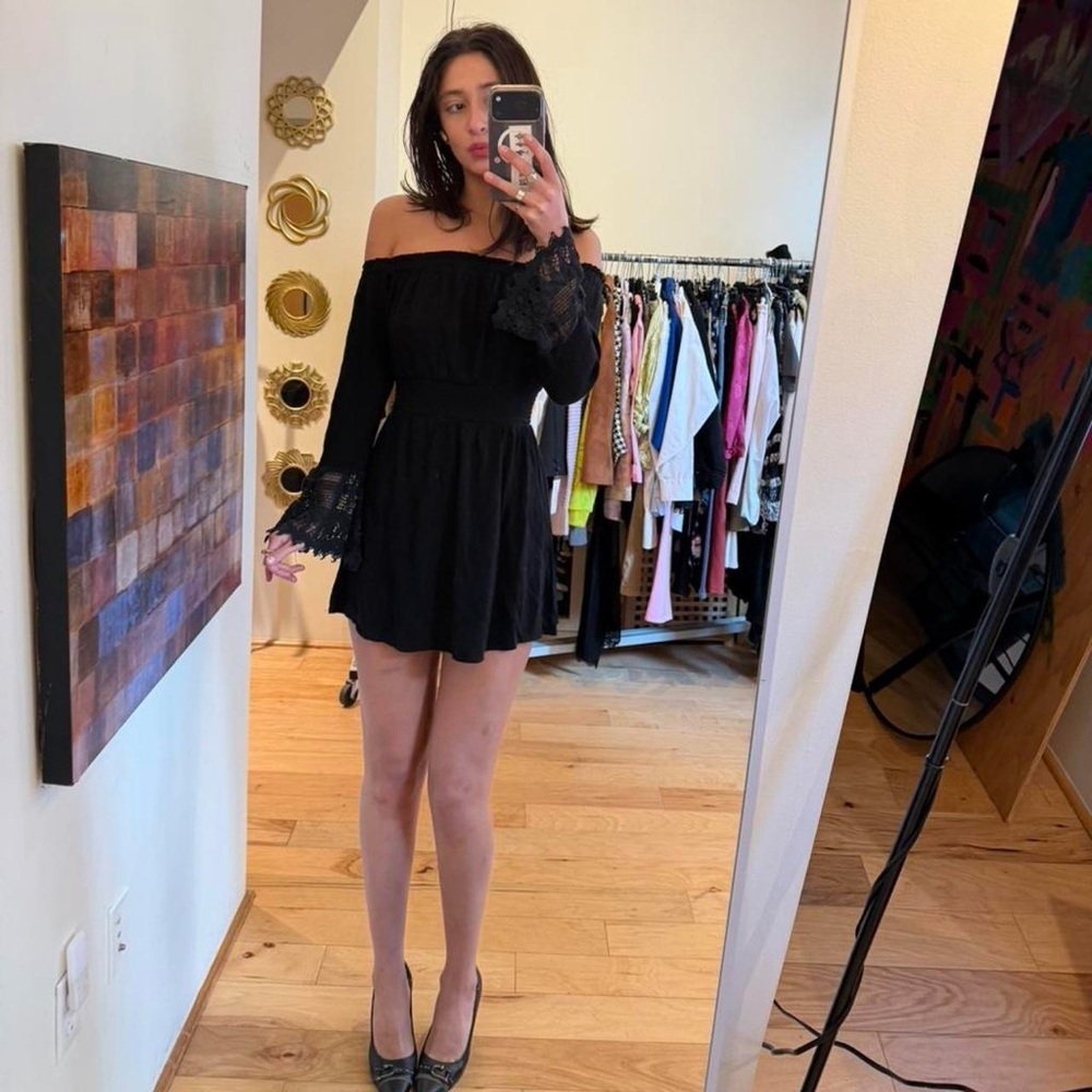 Blush Off-Shoulder Black Mini Dress with Lace Cuffs